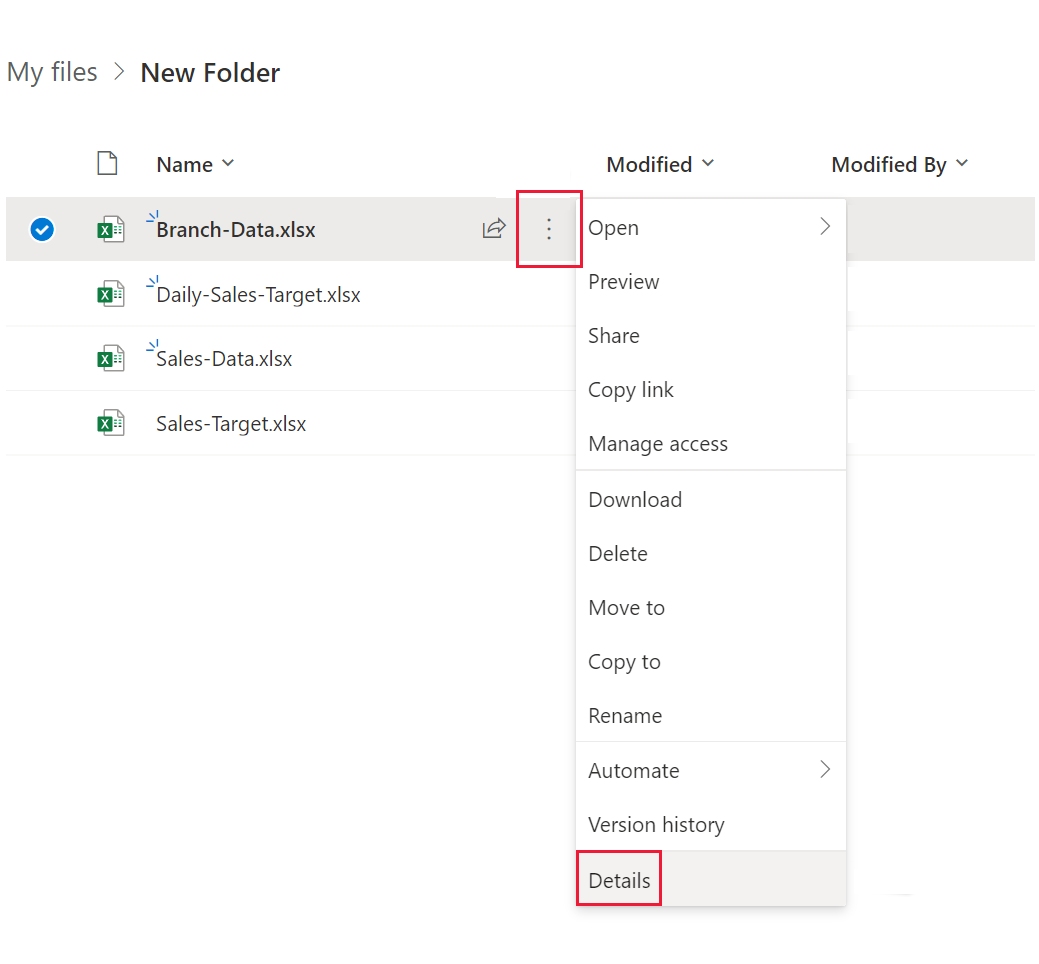 Screenshot of selecting the more menu in OneDrive.