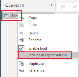 Screenshot of the query context menu, highlighting the Include in report refresh option.