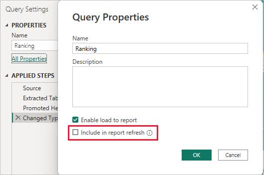 Screenshot of the Query Properties dialog, highlighting the Include in report refresh option.