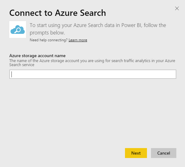 Screenshot of the Connect Azure Search dialog, showing the Azure storage account name field.