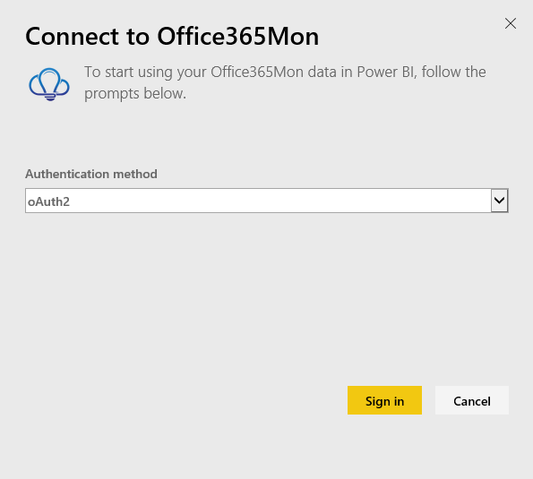 Screenshot of the Connect to Office365Mon dialog, showing the o Auth2 in the Authentication Method field.