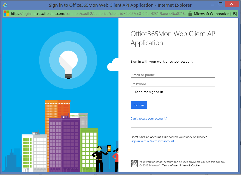 Screenshot of the Office365Mon sign in, prompting for credentials.