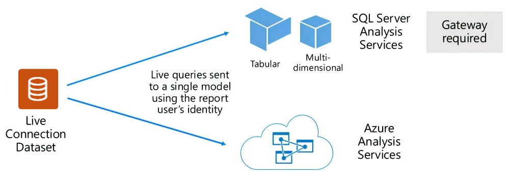 A Live Connection dataset passes queries to an external-hosted model