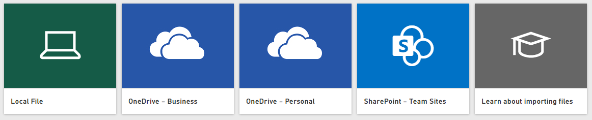 Screenshot of four tiles to find your file, showing the Local File, OneDrive Business, OneDrive Personal, and SharePoint tiles.