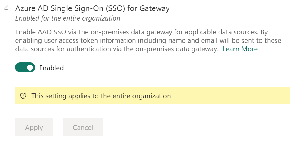 Screenshot of the Microsoft Entra SSO for gateway feature in the Power BI Admin portal.