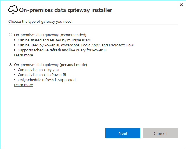 Select the on-premises data gateway (personal mode)
