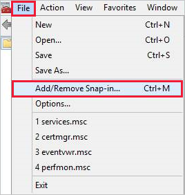 Screenshot of the "Add/Remove Snap-in" command in Microsoft Management Console.