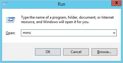 Screenshot of the gateway machine "Run" window for running Microsoft Management Console.