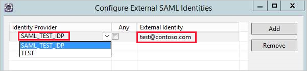 Screenshot of the "Configure External SAML Identities"" window.