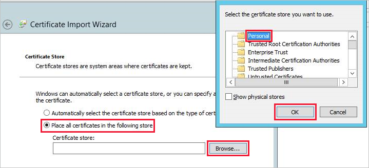 Screenshot of the "Place all certificates in the following store" option in the Certificate Import Wizard.