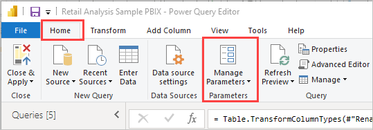Home tab showing Manage Parameters option in Desktop