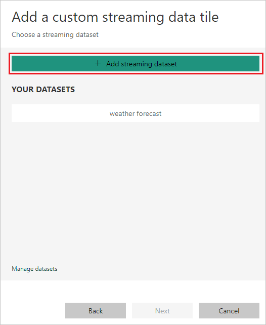 Screenshot of the dashboard, showing the manage data link in the Add a custom streaming data tile.