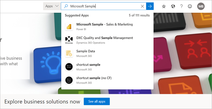 Screenshot showing search result for Microsoft sample - Sales & Marketing.