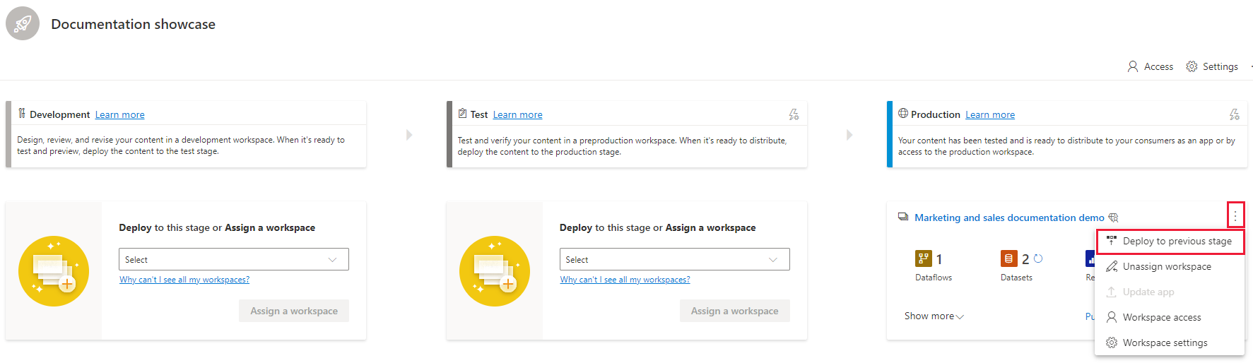 A screenshot showing the deploy to previous stage button, available from the test or production stage menus.