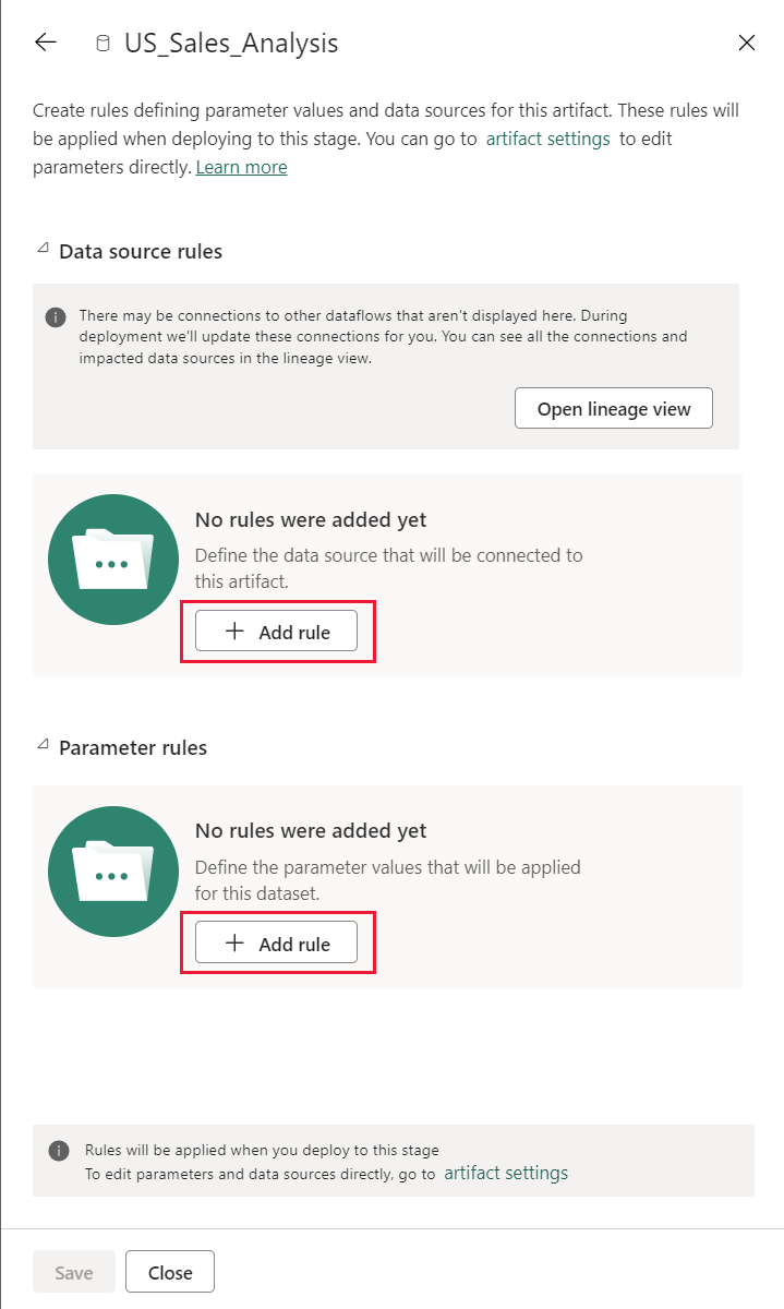 A screenshot of the deployment rules pane, showing a selected dataset and the two rule types, data source and parameter, you can configure for it.