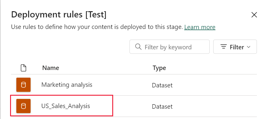 A screenshot of the deployment rules pane, showing two datasets in the datasets tab. To configure a rule select an item from one of the tabs.