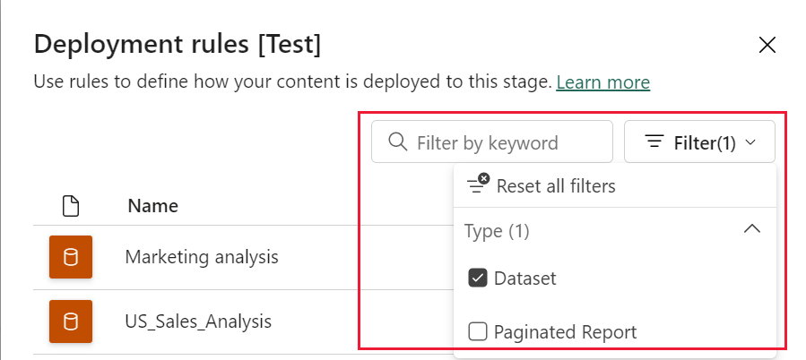 A screenshot of the deployment rules pane, showing that you can set rules for dataflows, datasets and paginated reports.