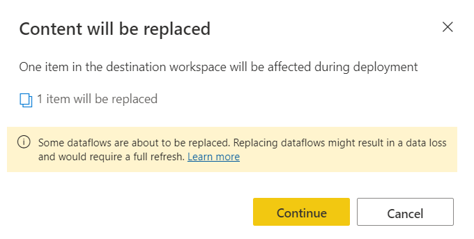 A screenshot of the replaced content warning which is displayed when a deployment is about to cause changes to items in the stage you're deploying to.