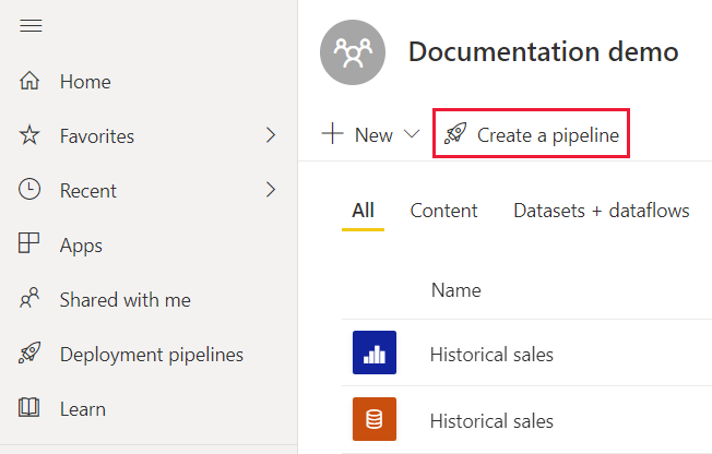 A screenshot of the create a pipeline button in a workspace.