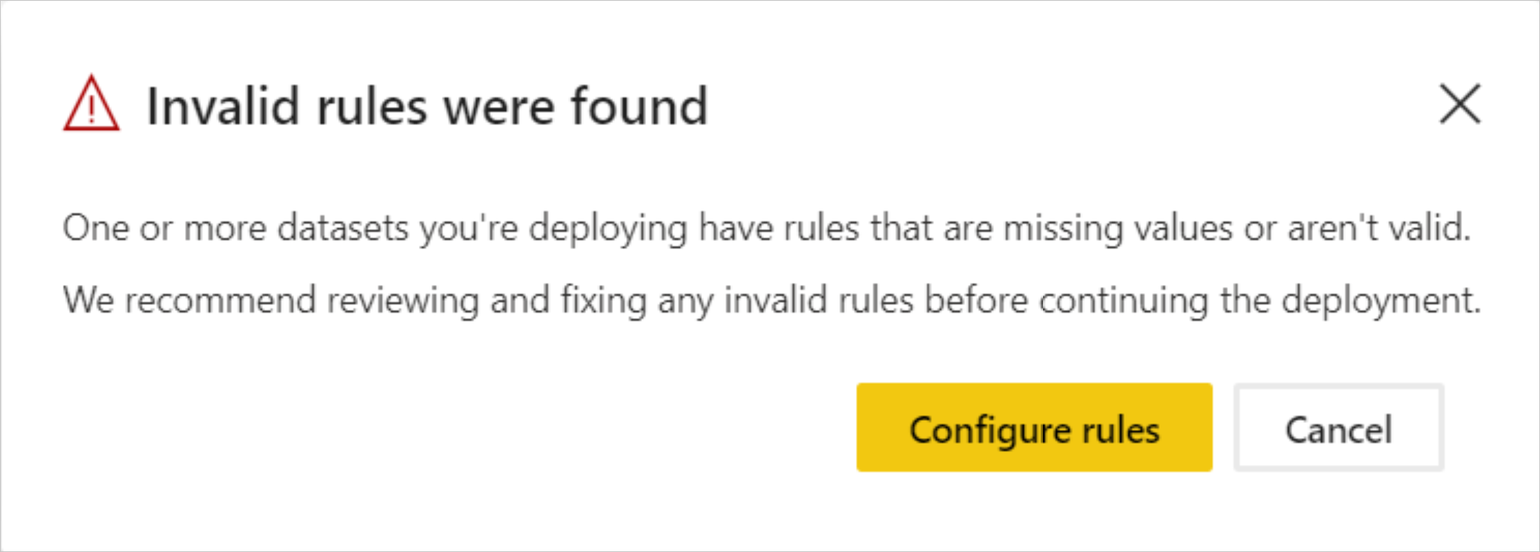 A screenshot of the invalid rules error displayed when a deployment fails due to broken links.