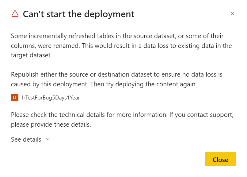 A screenshot of the can't start the deployment error message in deployment pipelines.
