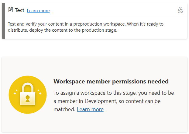 A screenshot of the workspace member permission needed message in the test stage of a deployment pipeline.