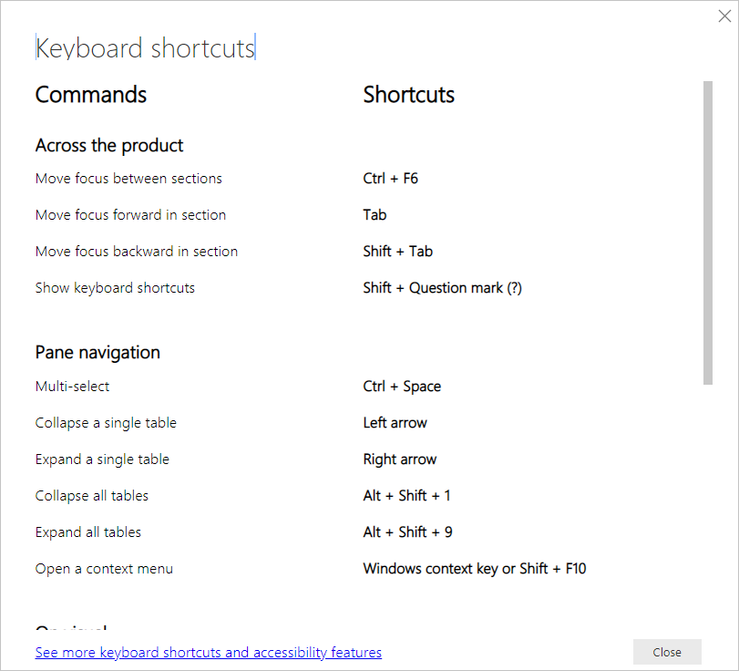 Press Shift + ? in Power BI Desktop to show accessibility keyboard shortcuts