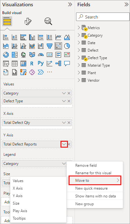 Context menu in the Fields well lets you move fields up, down, or to another area