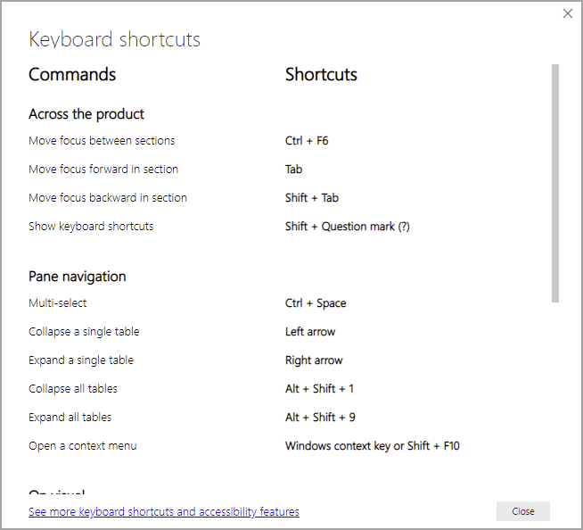 Keyboard shortcuts dialog