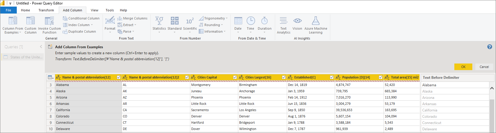Screenshot of Power Query Editor, showing how to add a column from examples in Power B I Desktop.