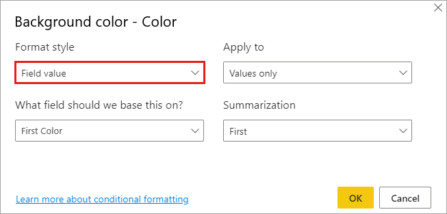 Dialog of Format style for background color of color column: Format style drop down is set to Field value