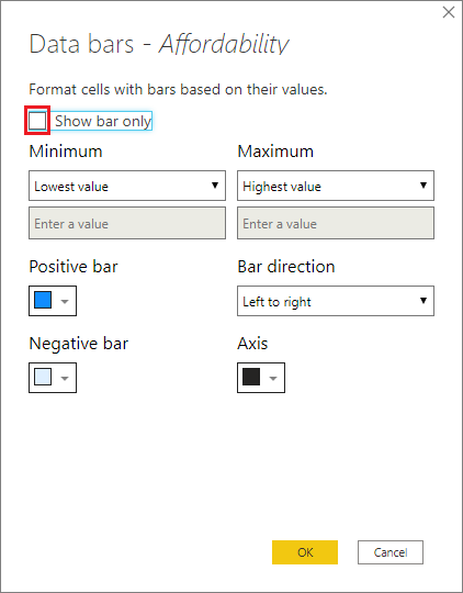 Data bars dialog with optional checkbox to Show bar only