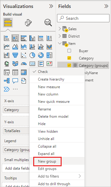 Screenshot of the Fields pane, highlighting New group from the dropdown menu.