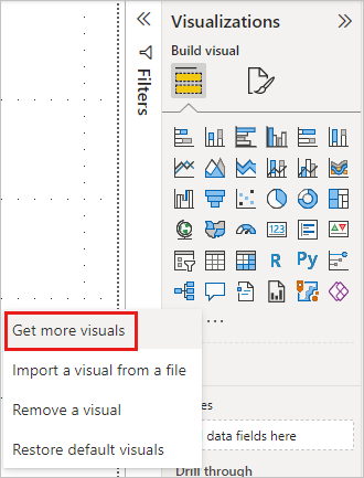 Screenshot showing Get more visuals in More options in the Power B I Desktop Visualizations pane.