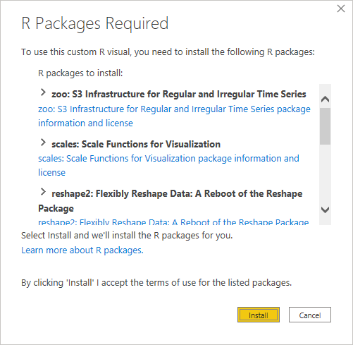 Screenshot showing the R packages that have to be installed for the R-powered custom visual.