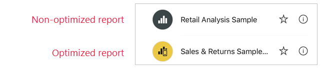 Screenshot showing optimized report icon in the Power BI mobile apps.