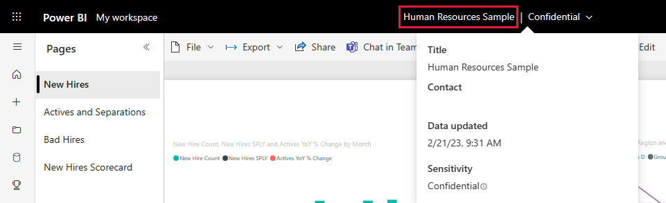 Screenshot showing selection of Human Resources Sample in the black Power B I header bar.
