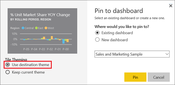 Screenshot of the Pin to dashboard window, highlighting the Use destination theme option.