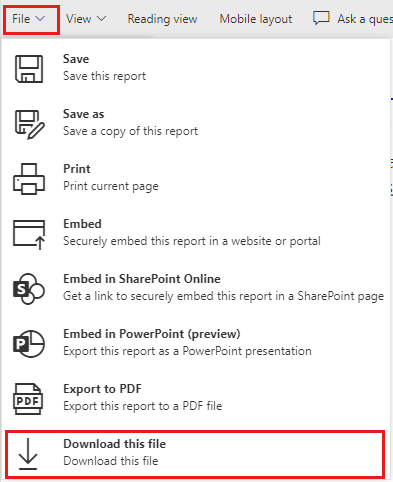 A screenshot of the File menu in the Power B I service, with the Download report option highlighted.