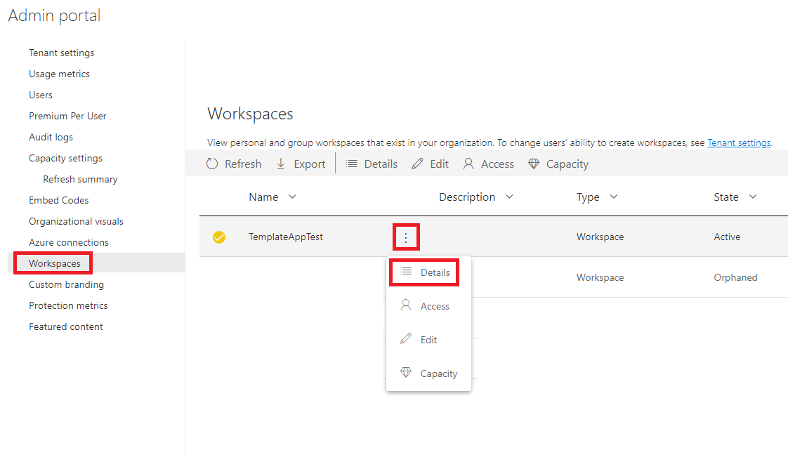 A screenshot showing how to find the workspace I D from the admin settings.