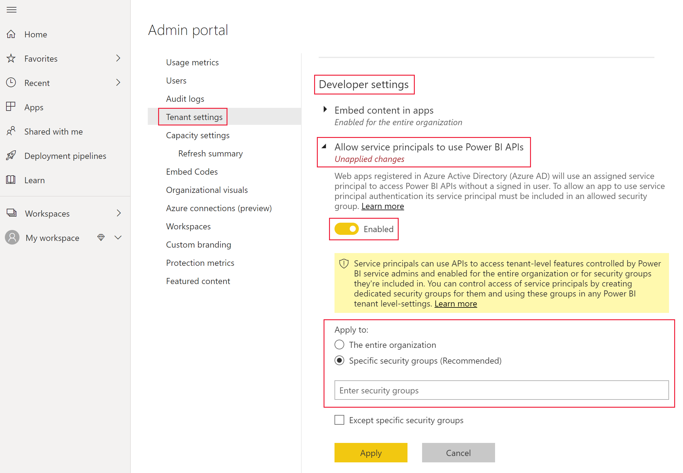 Screenshot showing the developer settings in the admin options in Power B I service.