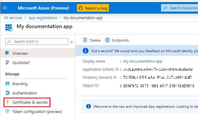 A screenshot that shows the certificates and secrets pane for an app in the Azure portal.