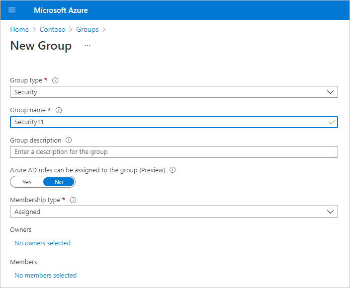 Screenshot of new group creation dialog in Azure portal.