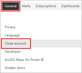 Screenshot showing the Power BI settings menu. General and the close account menu options are highlighted.