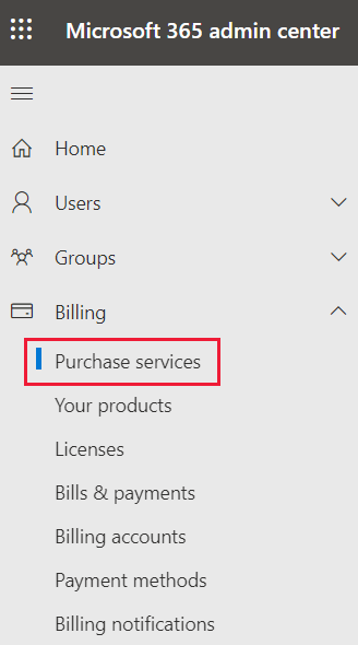 Screenshot that shows the Microsoft 365 billing menu with Purchase services selected.