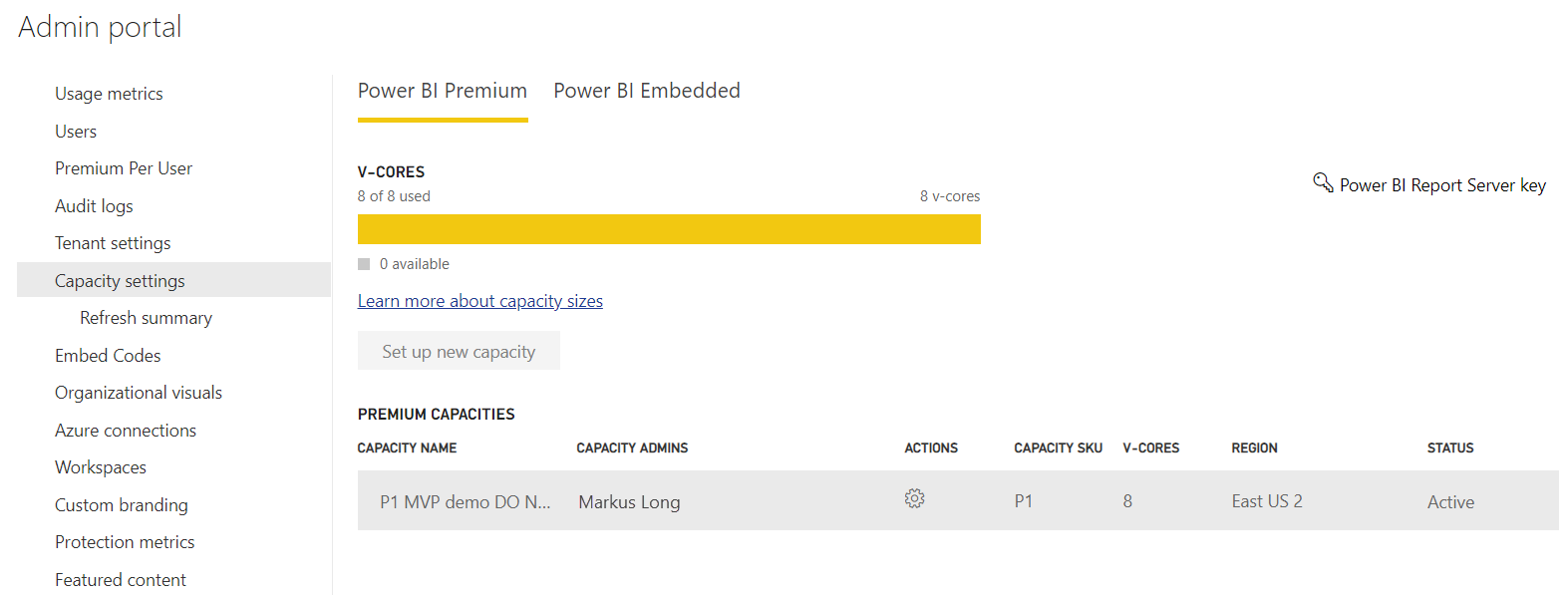 Screenshot that shows the Power B I Premium capacity settings screen.
