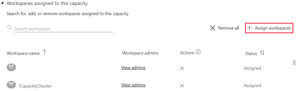 Screenshot that shows the Workspace assignment area of capacity management.