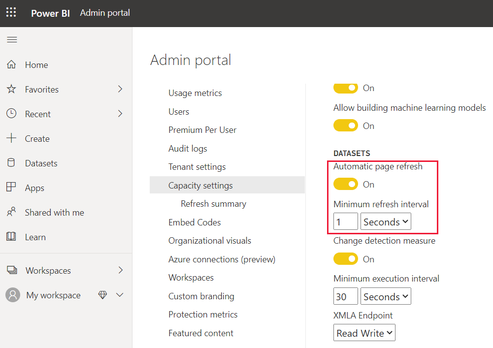 Screenshot that shows the admin setting for automatic refresh interval.