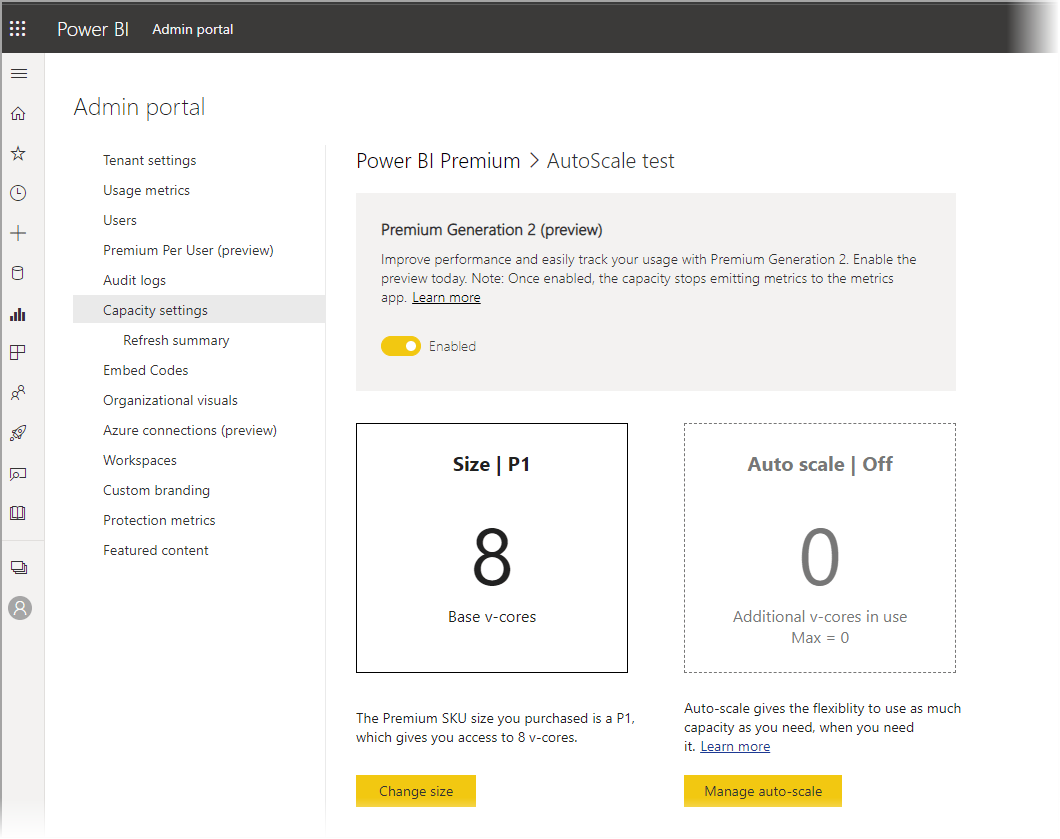 Screenshot of Power B I Admin portal.