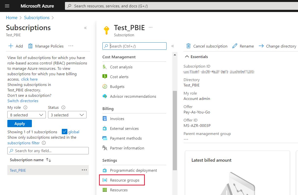 Screenshot of the selecting a subscription page in the Azure portal. The resource group option in the settings section is highlighted.